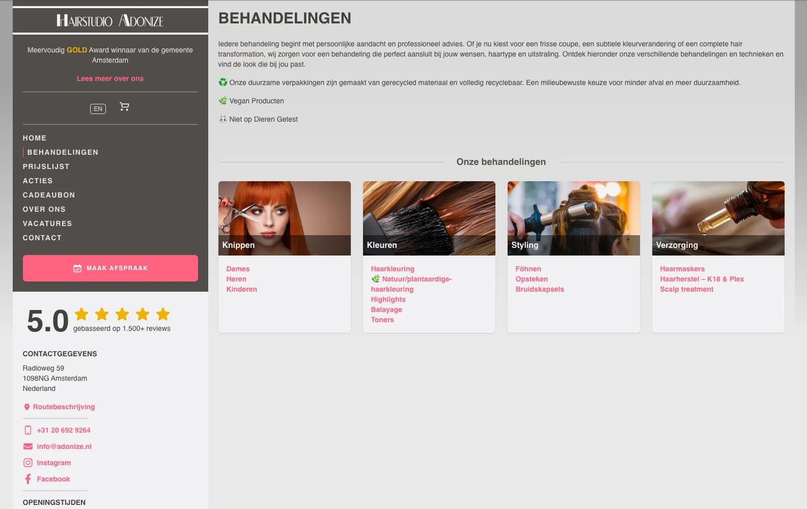 Behandelingen: knippen, kleuren, styling en verzorging, zelf te beheren in het CMS.