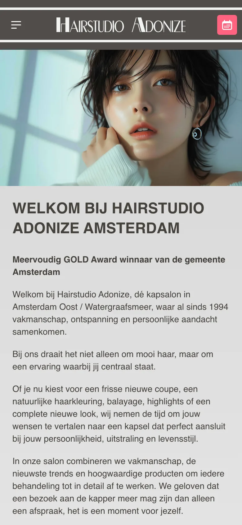 Mobiel: homepage met de afspraakknop altijd in beeld.