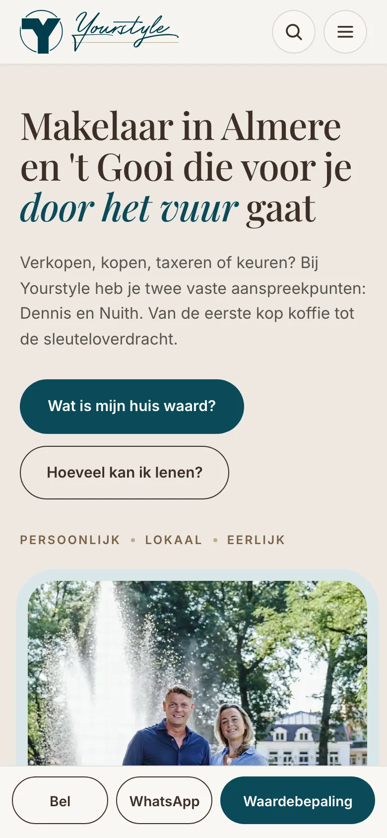 Mobiel: homepage met vaste balk voor bellen, WhatsApp en waardebepaling.
