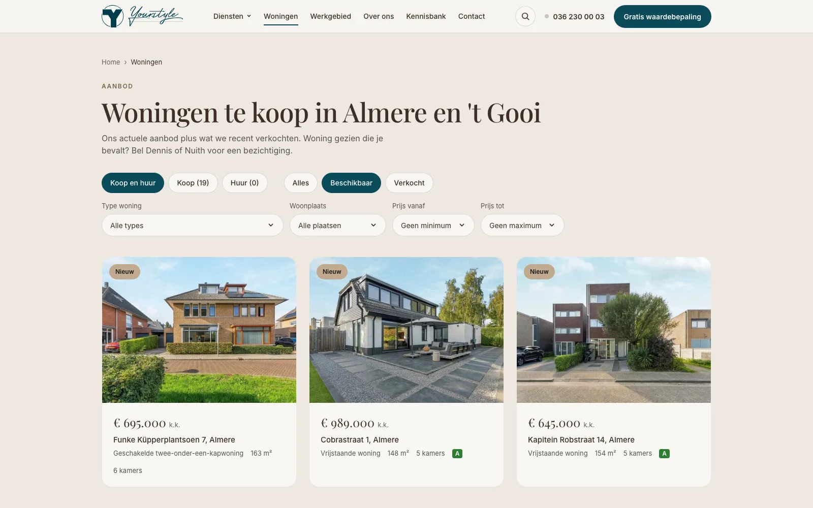 Aanbodoverzicht met filters op status, type, plaats en prijs.